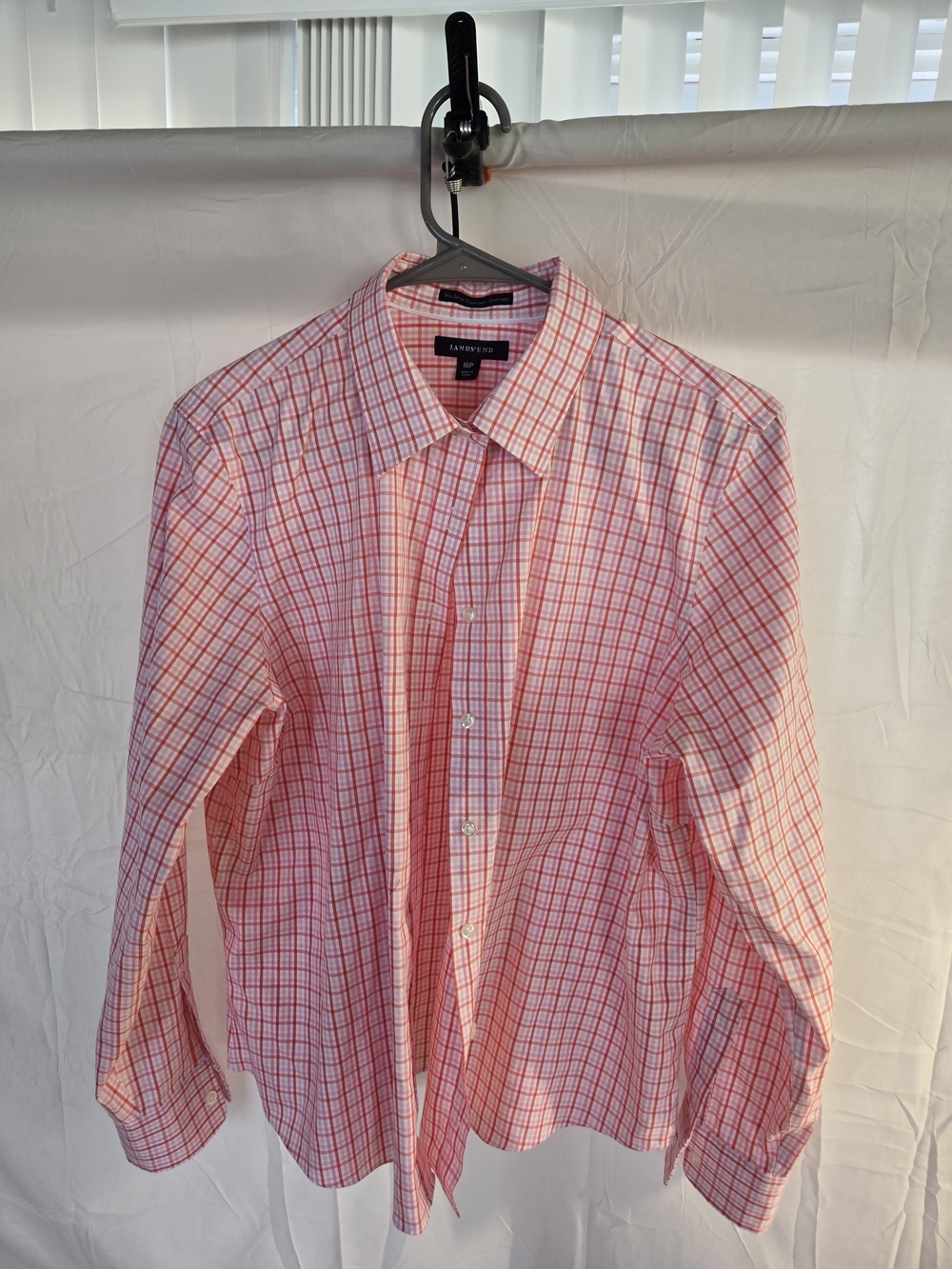 Lands' End Woman’s Pink and White Plaid Button-Down Shirt